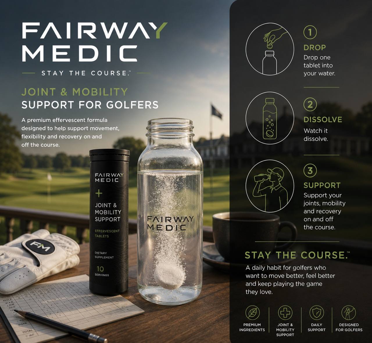 Fairway Medic effervescent tablets with golf bottle on golf course